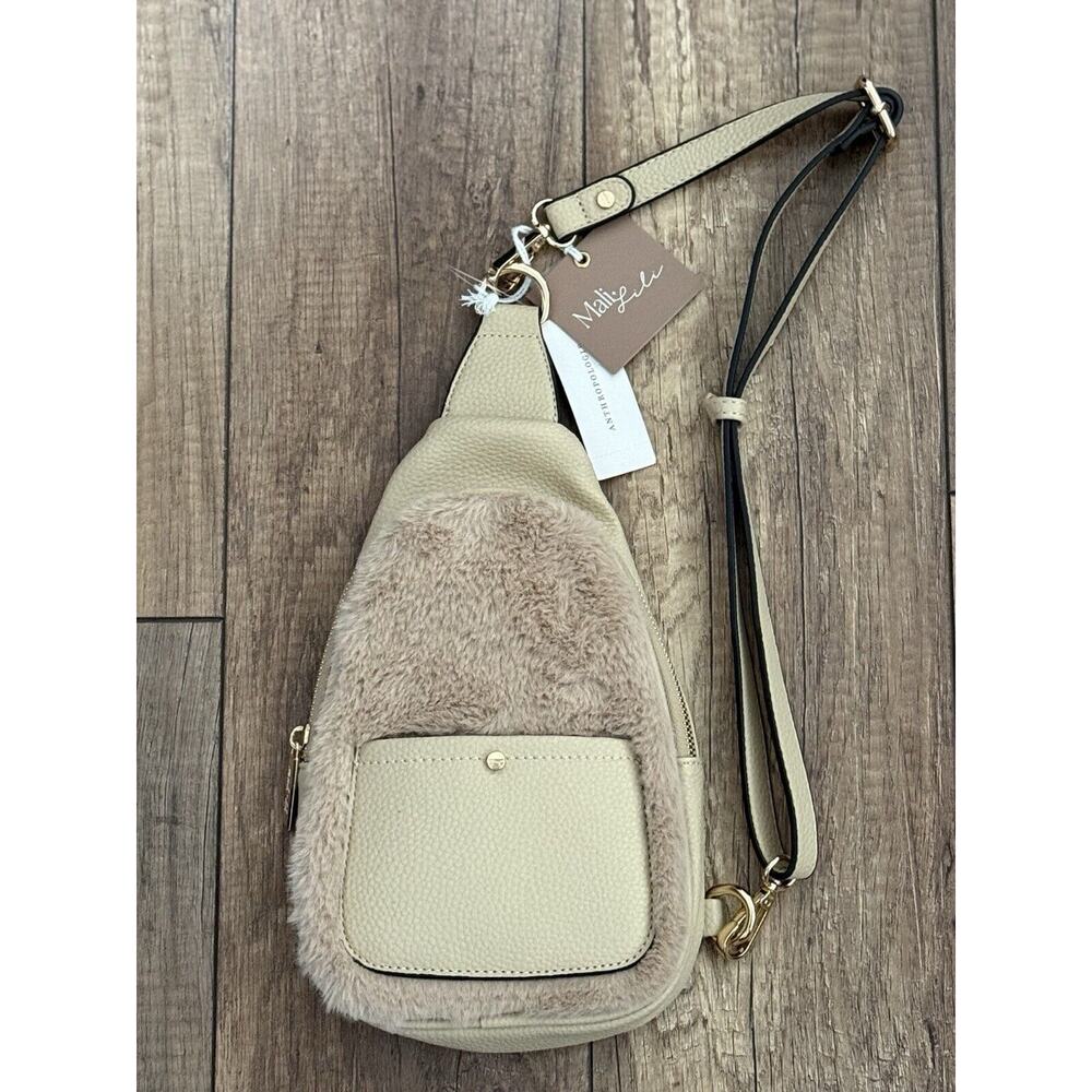 Anthropologie Mali + Lili Gwen Faux Fur Woven‎ Sling/Crossbody Bag Tan/Beige NWT